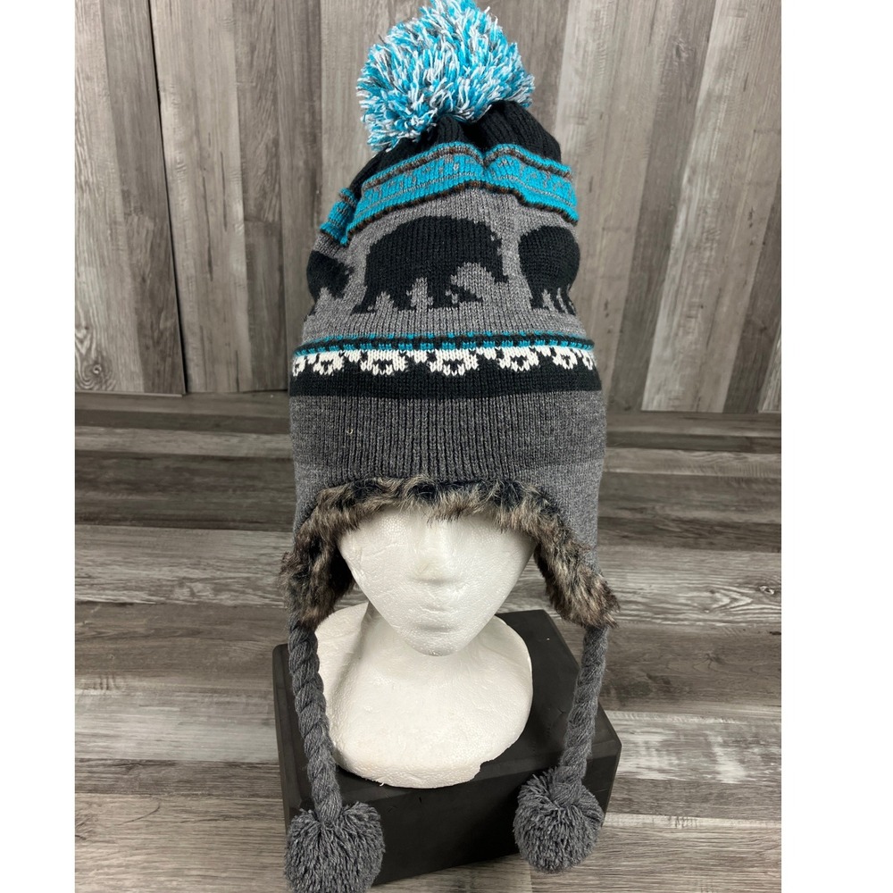 Earth Ragz Grey Bear Knit Trapper Hat Faux Fur Fleece Lined Ear Flap Beanie Pom